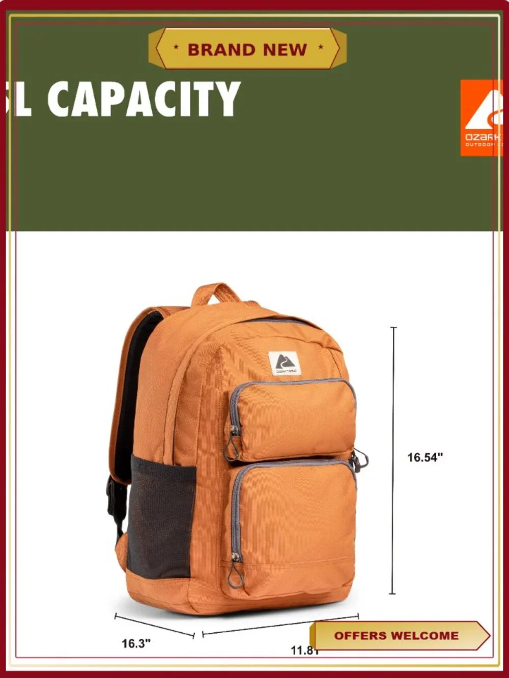 Ozark Trail 25L Hydration Compatible Hiking Backpack, Brown